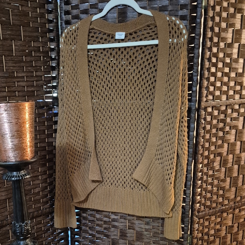 Abercrombie & Fitch Mesh Knit Camel Open-Knit Cardigan